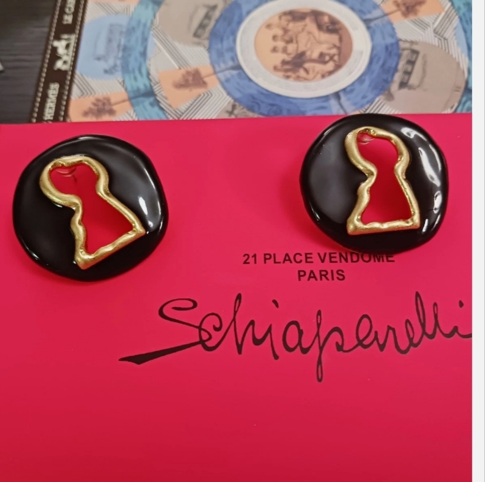 Schiaparelli Black and Gold Earrings Stamped Made In France Small Keyhole